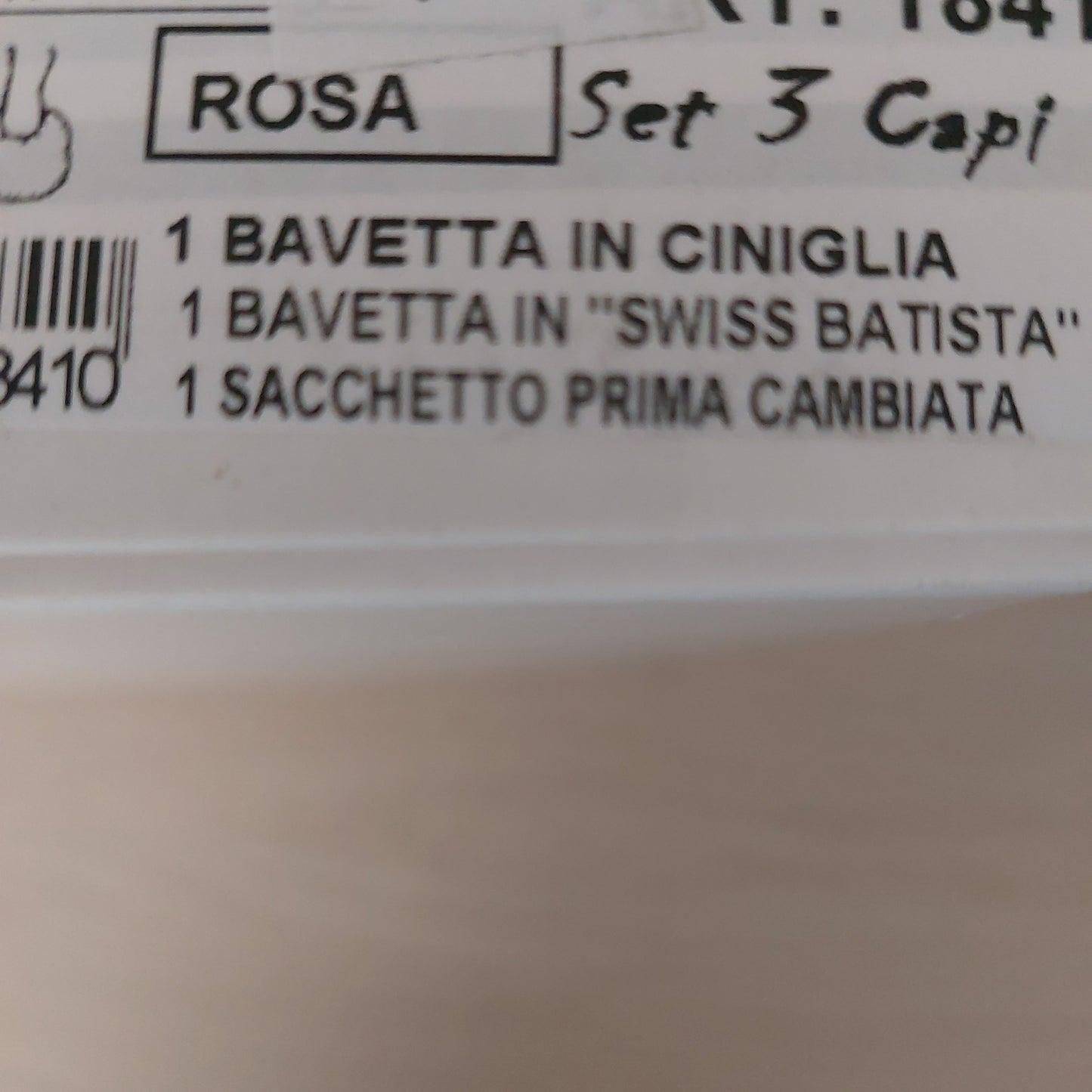 Set 3 pezzi 2 bavette più un sacchettino primo cambio bianco rosa