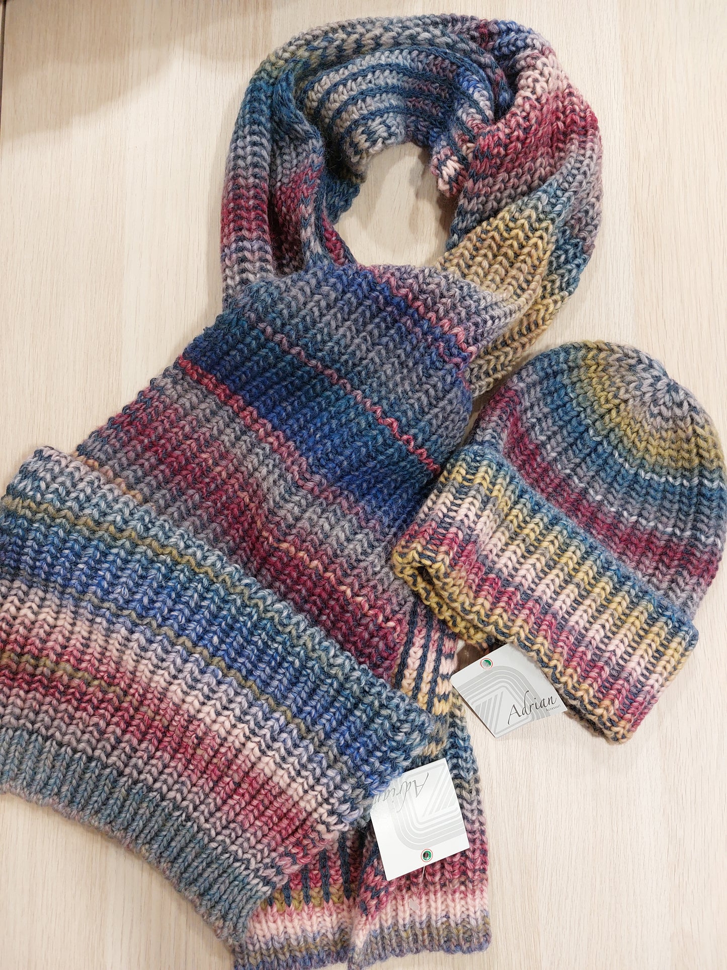 MAXI SCIARPA + CAPPELLO made in italy misto lana blu/bordeaux
