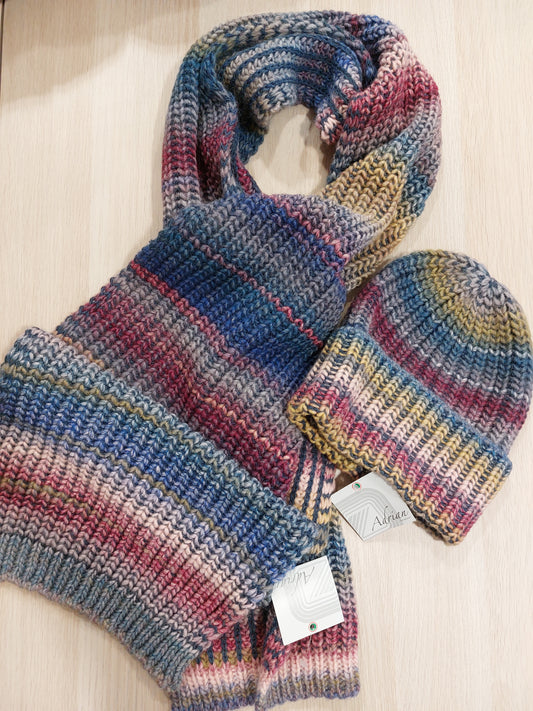 MAXI SCIARPA + CAPPELLO made in italy misto lana blu/bordeaux