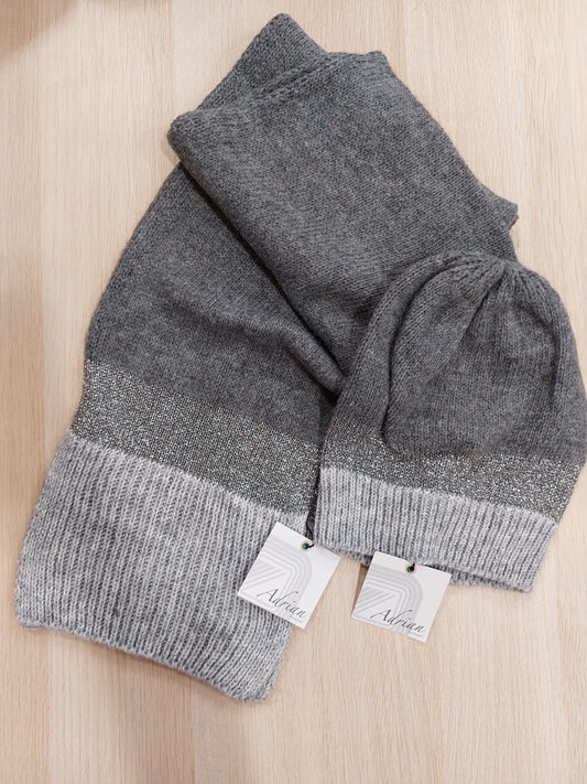 Completo sciarpa+cappello grigio e lurex made in italy